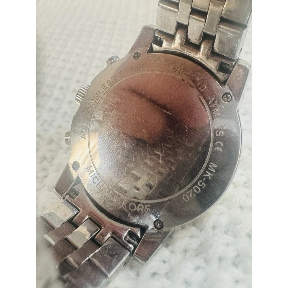 Michael Kors MK5020 Women's Silver Tone Chronograph Watch Mother of Pearl AS IS